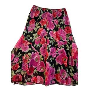 Amy Byer Floral Midi Skirt Black Pink Rose Print Sparkle Chiffon Y2K Vtg